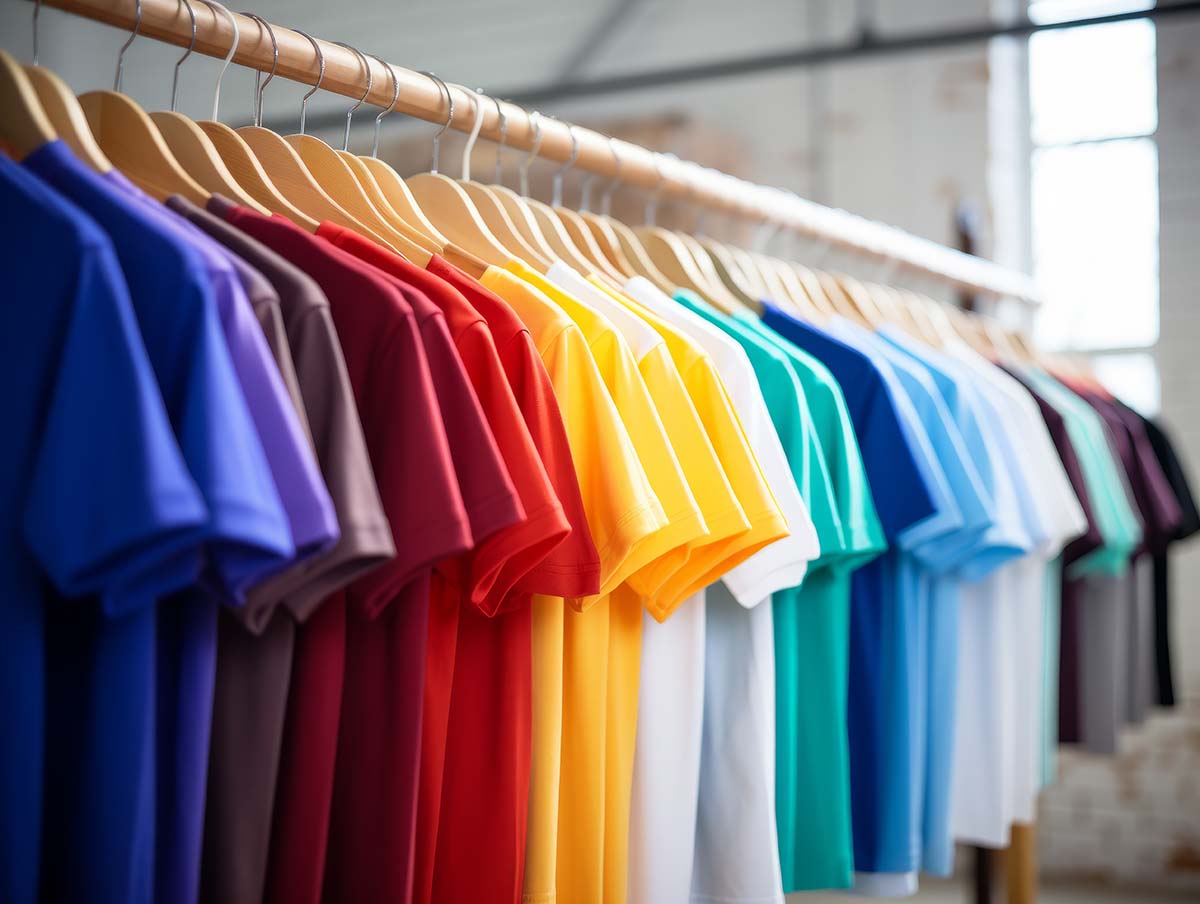 Various colours of tshirts hanging together